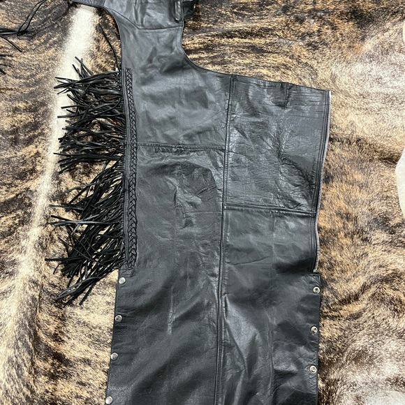 Pants - Black Leather Fringe motorcycle biker chaps braided XS